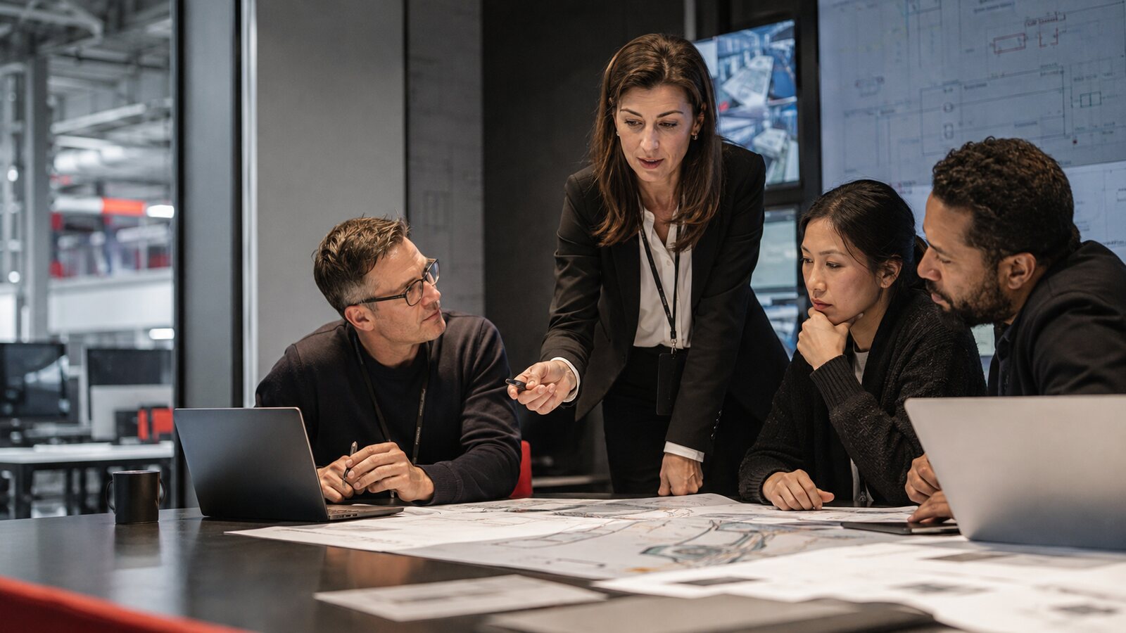 A multidisciplinary team collaborating around an operational problem, led by a woman coordinating the discussion