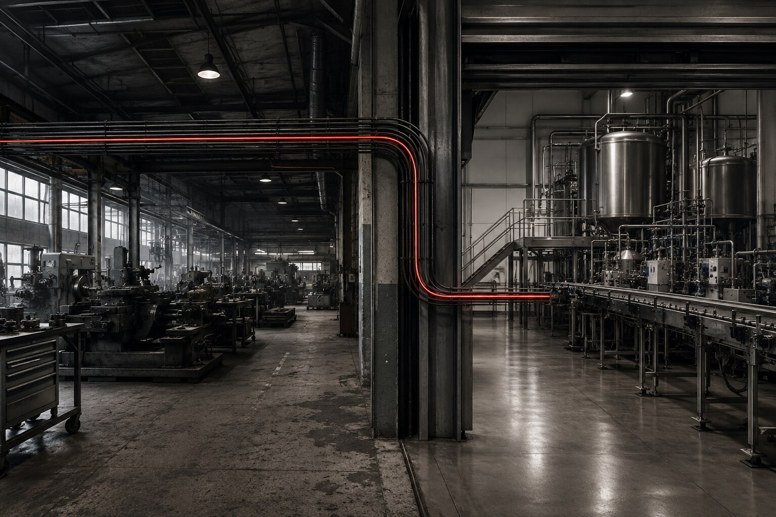 Two industrial environments connected by a single operational flow
